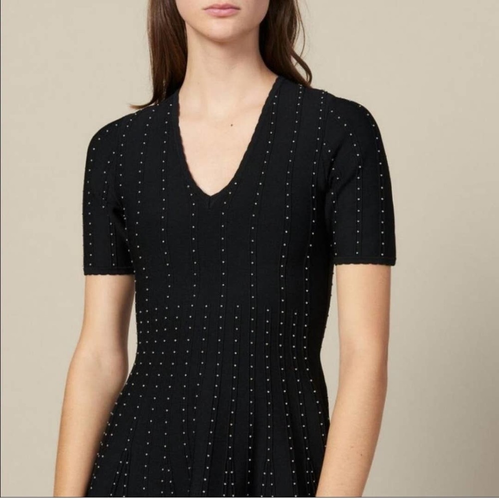 Sandro Paris Vaness Black Silver Beaded Ribbed Knitted Fit & Flare Dress S New - Picture 4 of 13